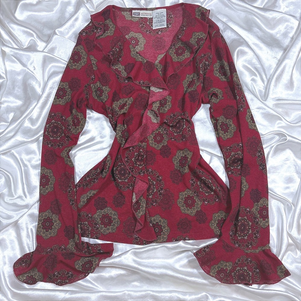 y2k Top Red Excellent Faded Glory Ruffle V-Neck Bell Sleeve Paisley Medallion L